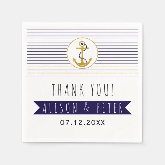 Goldanker & Streifen nautische Hochzeit Danke Serviette (Vorderseite)