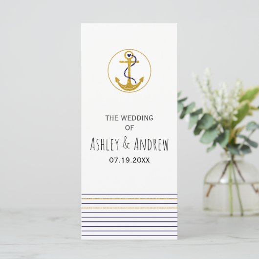 Goldanker und Streifen nautisches Hochzeitsprogram Programm (Stehend Vorderseite)