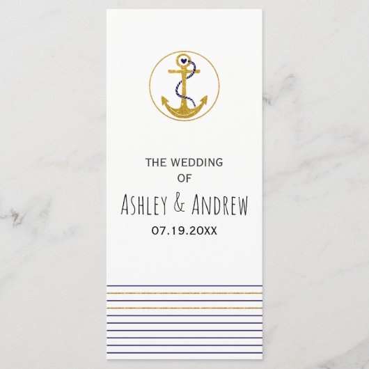 Goldanker und Streifen nautisches Hochzeitsprogram Programm (Vorderseite)