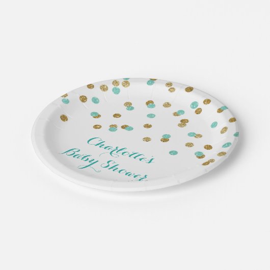 Goldaqua-Türkisconfetti-Babyparty-Platte Pappteller (Schrägansicht)