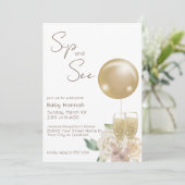 Goldballon mit Champagne & Blume Sip and See Einladung (Stehend Vorderseite)