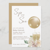 Goldballon mit Champagne & Blume Sip and See Einladung (Vorne/Hinten)