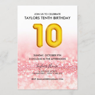 Goldballon Pink Glitzer 10. Geburtstagsparty Einladung