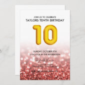 Goldballon Red Glitzer 10. Geburtstagsparty Einladung (Vorne/Hinten)