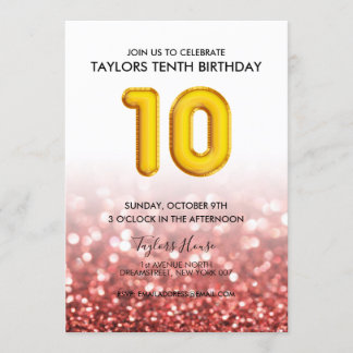 Goldballon Red Glitzer 10. Geburtstagsparty Einladung