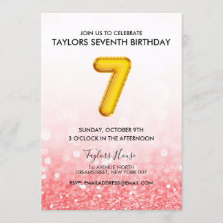 Goldballon Red Pink Glitzer 7. Geburtstagsparty Einladung