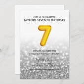 Goldballon Silver Glitzer 7. Geburtstagsparty Einladung (Vorne/Hinten)