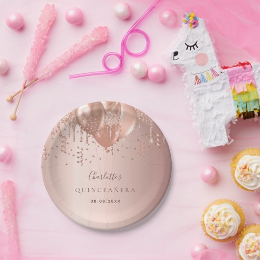 Goldballons aus Quinceanera-Rose Pappteller (Party)