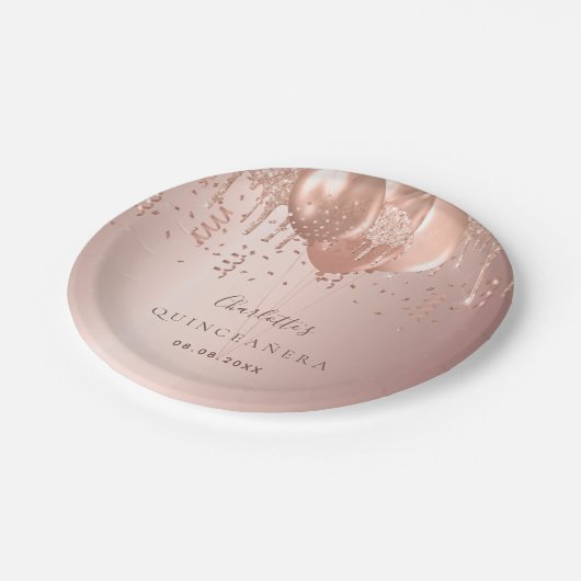 Goldballons aus Quinceanera-Rose Pappteller (Schrägansicht)