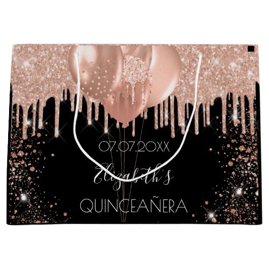 Goldballons aus Quinceanera, schwarze Rose Große Geschenktüte (Vorderseite)