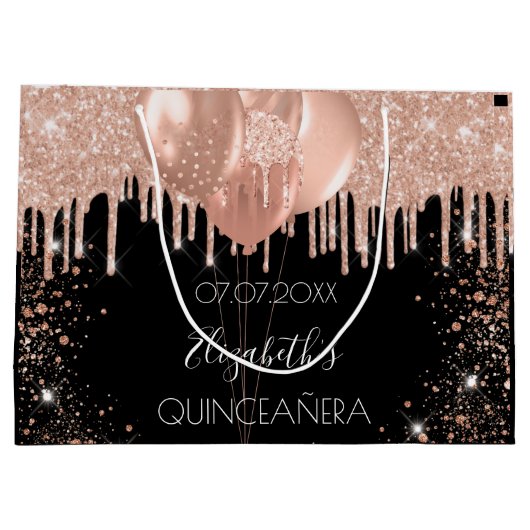 Goldballons aus Quinceanera, schwarze Rose Große Geschenktüte (Rückseite)