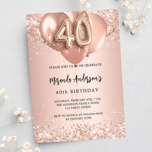 Goldballons der 40. Rose Einladungspostkarte