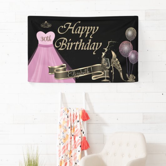 Goldballons, Glas, Absatz, Kleid, schwarz Banner (Insitu)