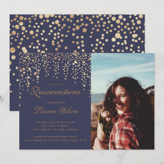 Goldbarren-Glitzer auf dem lila Foto Quinceanera Einladung