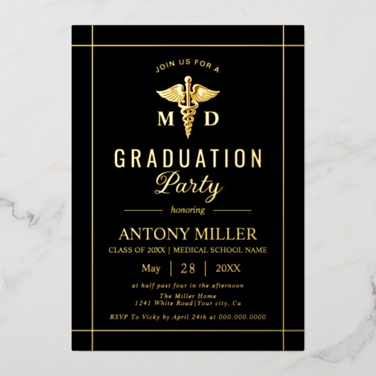 Goldbarren-Klasse 2025: Schwarzer Abschluss Folieneinladung (Vorderseite)