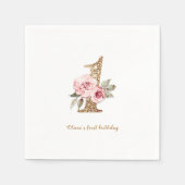 Goldbarsch Glitzer und rosa Blüte 1. Geburtstag Serviette (Vorderseite)