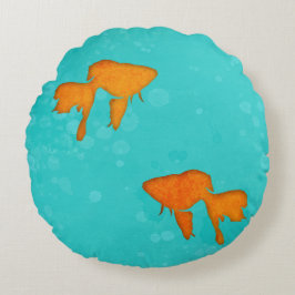 Goldbarsch-orangefarbene Silhouetten im türkisfarb Rundes Kissen