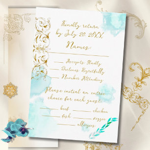 Goldbarsche Aquamarine Vintage Kalligrafie-Hochzei RSVP Karte