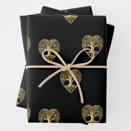 Goldbaum des Lebens Schwarzes Muster Geschenkpapier Set