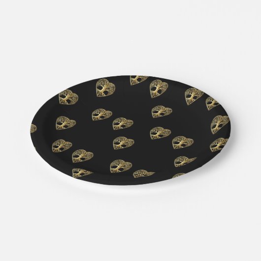 Goldbaum des Lebens Schwarzes Muster Pappteller (Schrägansicht)