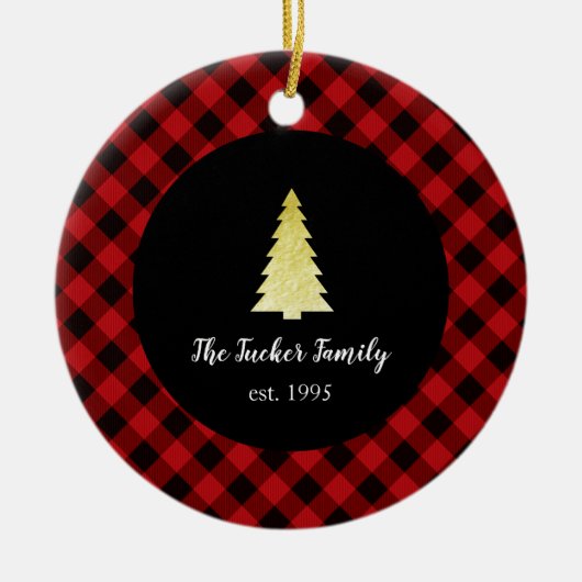 Goldbaum-frohe Weihnacht-Büffel kariert Keramik Ornament (Vorne)