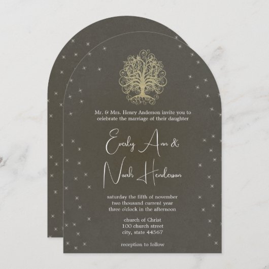 Goldbaum unter den Sternen Hochzeitseinladungen Einladung (Vorne/Hinten)
