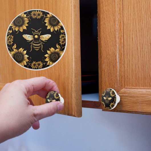 Goldbiene und Sonnenblumen Keramikknauf