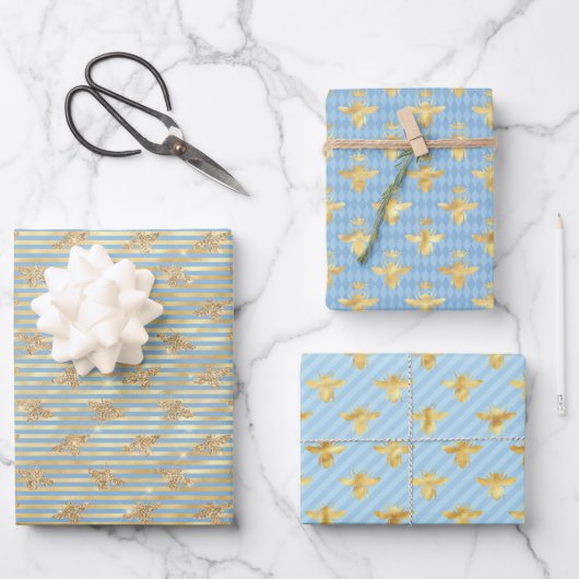 Goldbienen auf Blau und Gold Geschenkpapier Set (Vorderseite)