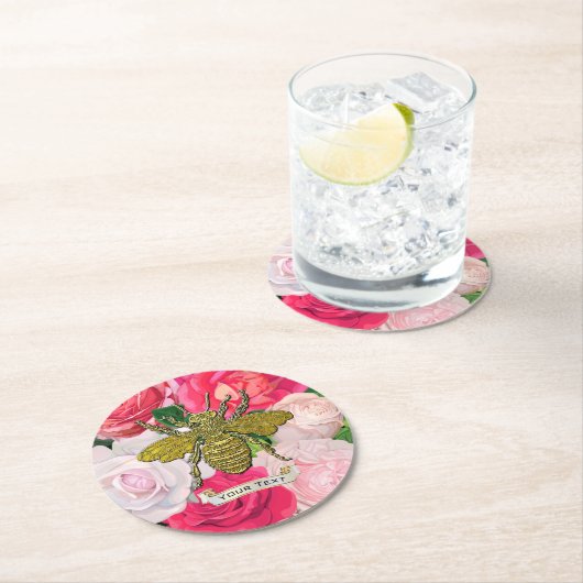 Goldbienen und Rose personalisieren Runder Pappuntersetzer (Vor Ort)