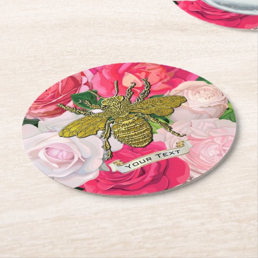 Goldbienen und Rose personalisieren Runder Pappuntersetzer (Angewinkelt)