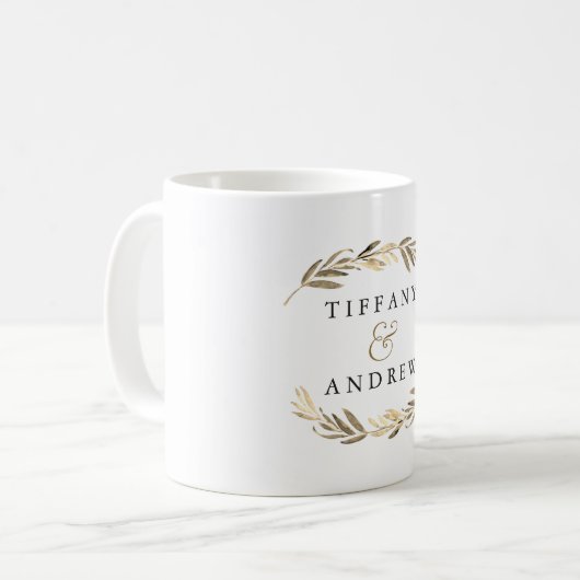 Goldblatt Elegante Moderne Paare Name Hochzeit Kaffeetasse (Vorderseite Links)
