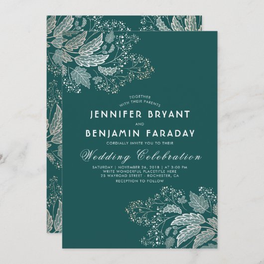 Goldblättern Aquamarin grün Elegant Moderne Hochze Einladung (Vorne/Hinten)