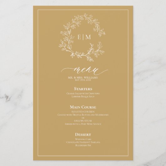 Goldblättriges Wappen Monogram Wedding Menu (Vorderseite)
