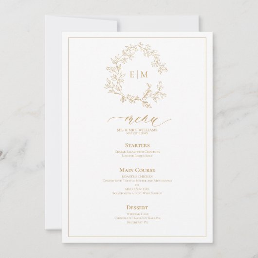Goldblättriges Wappen Monogram Wedding Menu Einladung (Rückseite)