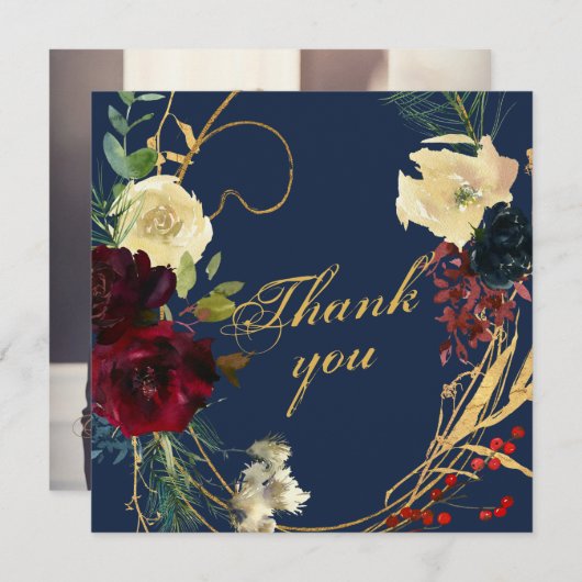 Goldblaue Aquarellblume Rose Wreath Wedding Dankeskarte (Vorne/Hinten)