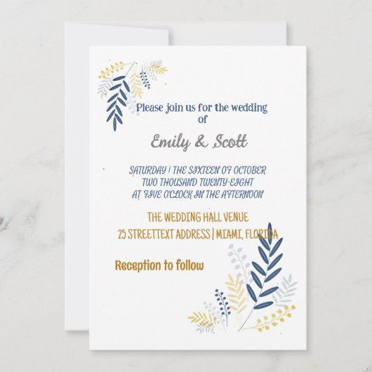 Goldblaue Zweige Hochzeitseinladungen Einladung (Vorderseite)