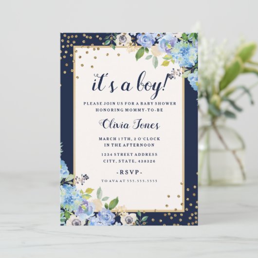 Goldblauer Blumenspassel Kinderdusche Einladung (Stehend Vorderseite)