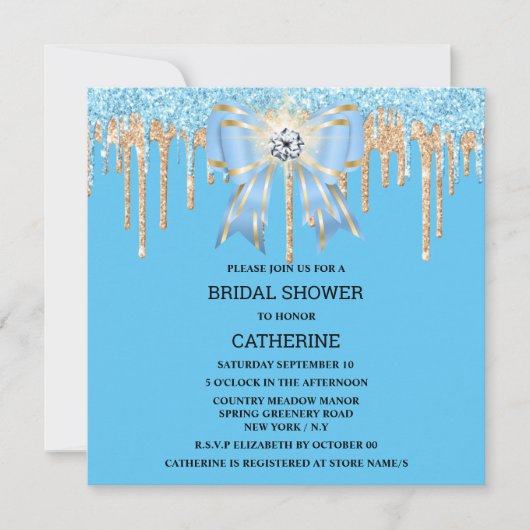 Goldblauer Glitzer Diamantbogenschimmer strahlt Ch Einladung (Vorderseite)