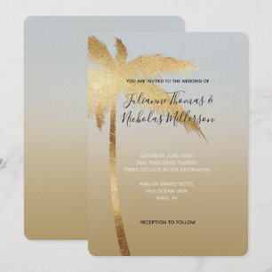 Goldblauer Palm Tree Ombre Hochzeit Einladung