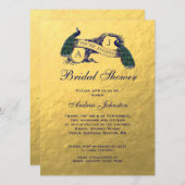 Goldblaues Pfau-Brautparty Einladung (Vorne/Hinten)
