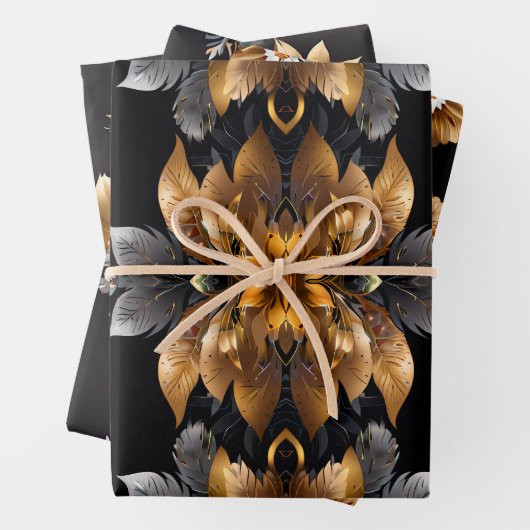 Goldblume, silber, floral, schwarzer Hintergrund Geschenkpapier Set (Beispiel)