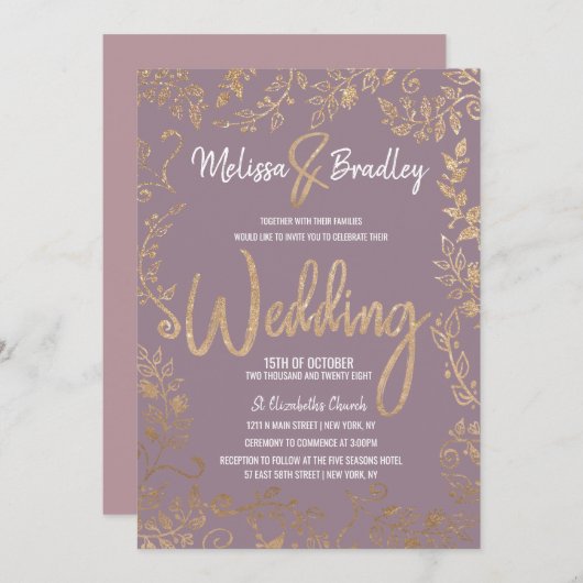 GoldblumenGlitzer Ombre malvenfarbene lila Einladung (Vorne/Hinten)