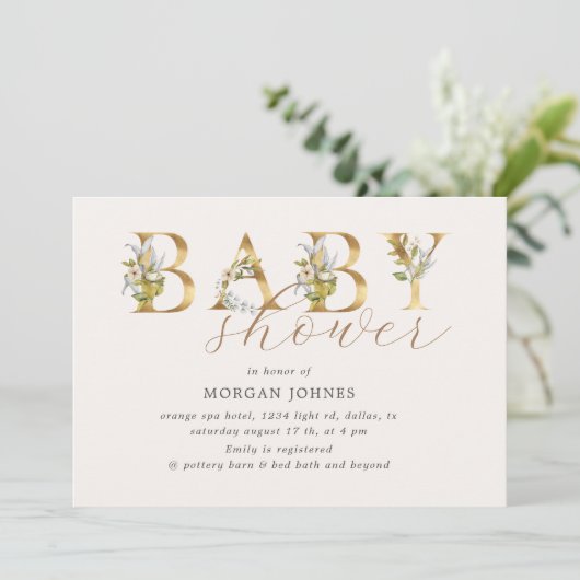 Goldblütenbriefe Baby Dusche Einladung (Stehend Vorderseite)