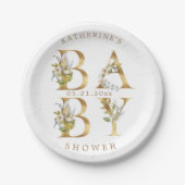 Goldblütenbriefe Baby Dusche Monogramm Papier pla Pappteller (Vorderseite)
