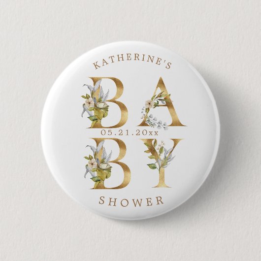Goldblütenbriefe Babydusche-Monogramm-Taste Button (Vorderseite)