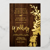 goldblütenfarbener Kranz Hochzeit rustikal-braunes Folieneinladung (Vorderseite)