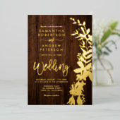 goldblütenfarbener Kranz Hochzeit rustikal-braunes Folieneinladung (Stehend vorne)