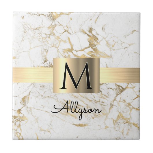Goldbox aus weißem und goldfarbenem Marmor, Monogr Fliese (Vorderseite)