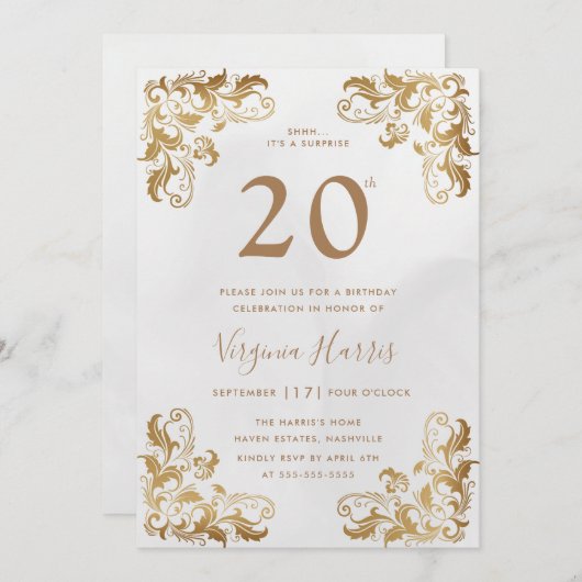 Goldbrasse Verzierte Ecke 20. Geburtstag Einladung (Vorne/Hinten)