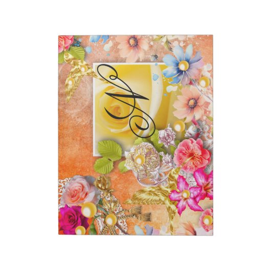 Goldbrassen Blumengarten Rosa Gelbe Rosen Perlen Notizblock (Rotiert)